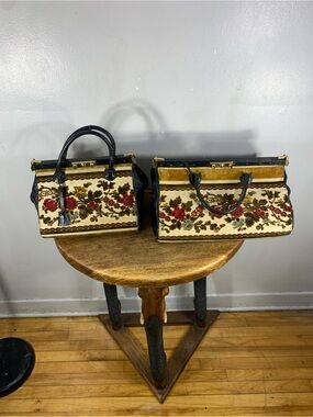 Rare set Antique Floral NeedlepointTapestry Fabric and leather Doctors Bag style
